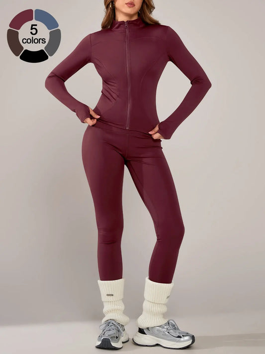Women'S Sporty Two-Piece Set, Long Sleeve Jacket & Tight-Fit Pants, Breathable Outfit for Yoga, Fall Winter Gym Outdoor Running Clothes, Sportswear Set, Sweatsuit Set