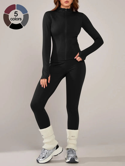 Women'S Sporty Two-Piece Set, Long Sleeve Jacket & Tight-Fit Pants, Breathable Outfit for Yoga, Fall Winter Gym Outdoor Running Clothes, Sportswear Set, Sweatsuit Set