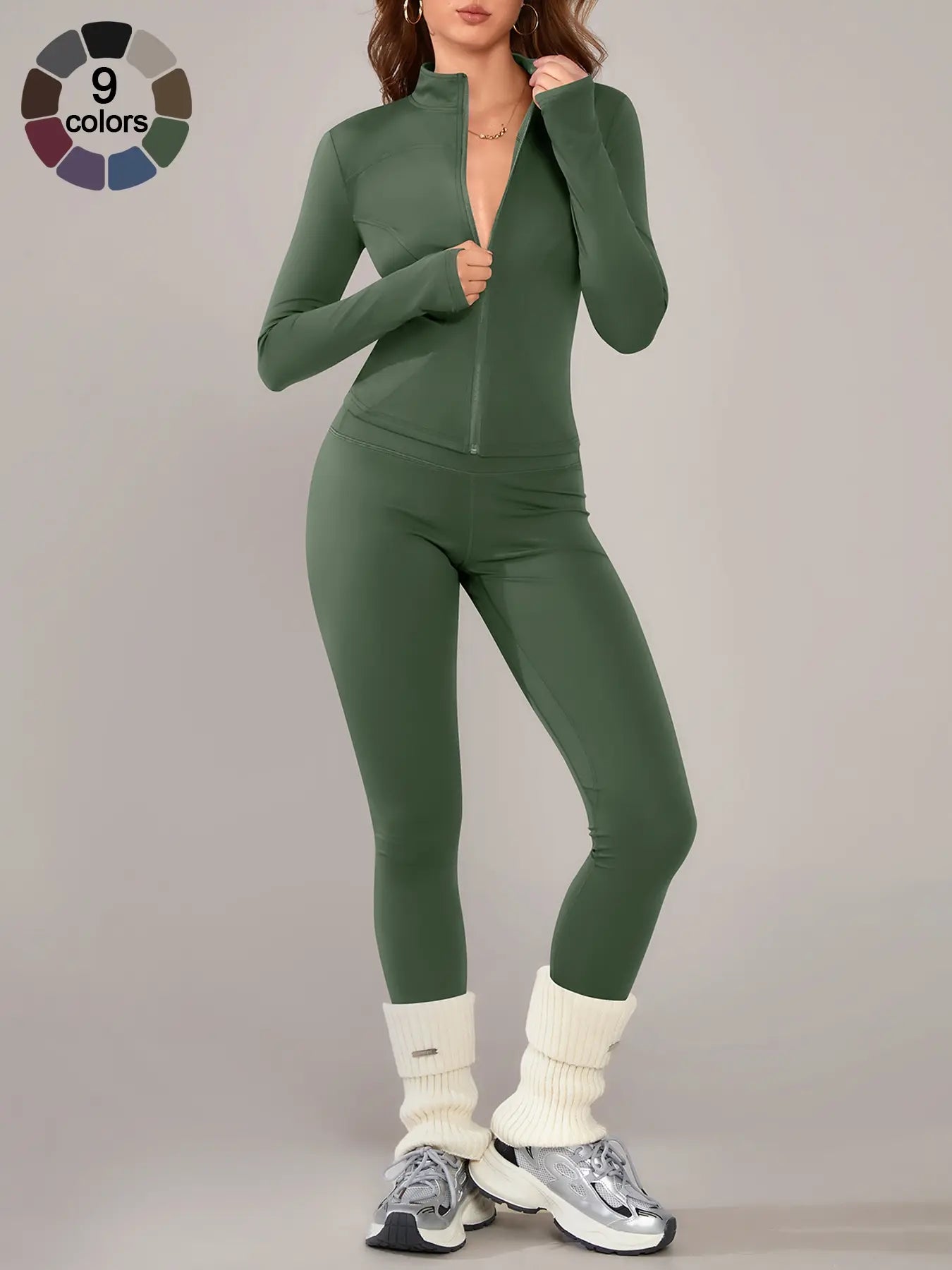 Women'S Sporty Two-Piece Set, Long Sleeve Jacket & Tight-Fit Pants, Breathable Outfit for Yoga, Fall Winter Gym Outdoor Running Clothes, Sportswear Set, Sweatsuit Set