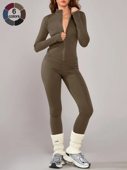 Women'S Sporty Two-Piece Set, Long Sleeve Jacket & Tight-Fit Pants, Breathable Outfit for Yoga, Fall Winter Gym Outdoor Running Clothes, Sportswear Set, Sweatsuit Set