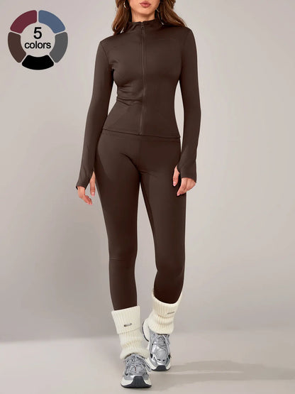 Women'S Sporty Two-Piece Set, Long Sleeve Jacket & Tight-Fit Pants, Breathable Outfit for Yoga, Fall Winter Gym Outdoor Running Clothes, Sportswear Set, Sweatsuit Set