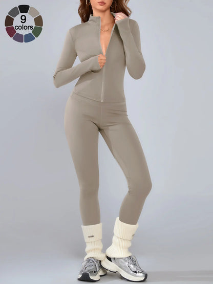 Women'S Sporty Two-Piece Set, Long Sleeve Jacket & Tight-Fit Pants, Breathable Outfit for Yoga, Fall Winter Gym Outdoor Running Clothes, Sportswear Set, Sweatsuit Set