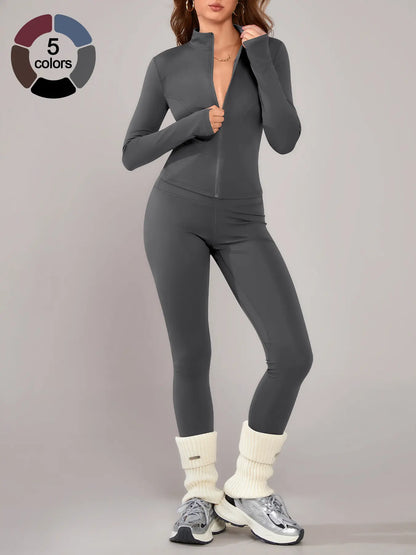 Women'S Sporty Two-Piece Set, Long Sleeve Jacket & Tight-Fit Pants, Breathable Outfit for Yoga, Fall Winter Gym Outdoor Running Clothes, Sportswear Set, Sweatsuit Set